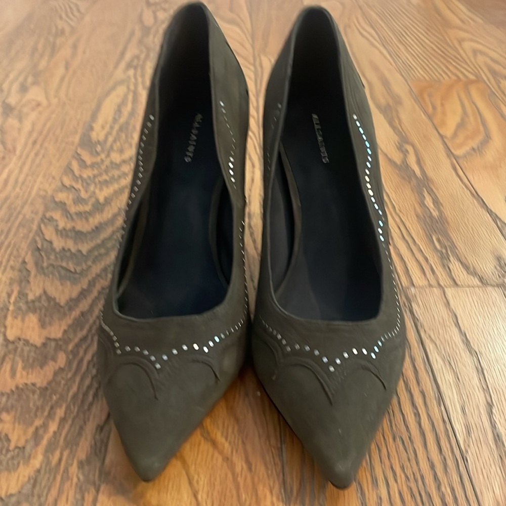 AllSaints Zehra Khaki Green Suede
Studded Stiletto Pumps. Size 9
